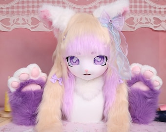 Kigurumi Purple Khaki Cat Fursuit Head and Paws Pastel Cosplay Mask with Heart Shaped Eyes Ribbon Bows and Star Clips Sweet Dreamy Full Set