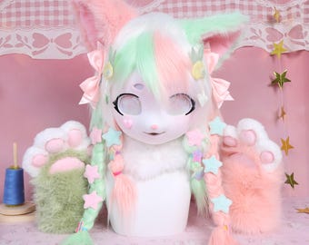 Kigurumi Pastel Kitty Fursuit Head KIG Style Faux Fox Fur Gradient Cartoon Eyes Full Neck Fluff With Matching Paw Gloves Cat Cosplay Gift
