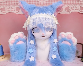 Kigurumi: Máscara de cosplay con cabeza y patas de gato azul cielo, ojos azules transparentes, diadema de encaje, pinzas de estrella afelpadas. Kit para fans.