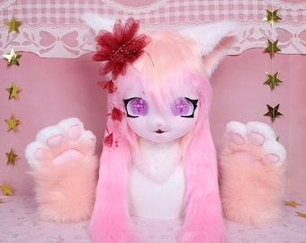 Kigurumi Pink Angel Cat Fursuit Head Paws with Light Pink Peach Fur Purple Heart Eyes Red Feather Flower Tassel Ornament Holiday Gift Style
