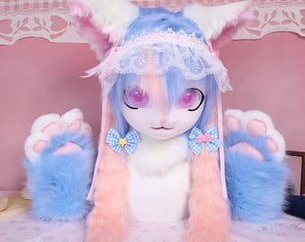Kigurumi Blue Pink Cat Fursuit Head and Paws Cosplay Mask with Eyes Lace Headband and Gingham Star Bows Soft Pastel Sweet Full Set
