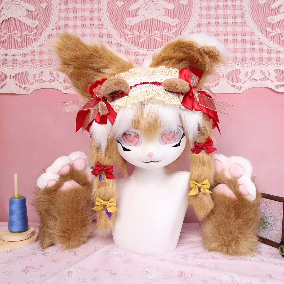 Kigurumi Bunny Fursuit Head Paws Brown White Rabbit Mask Handmade ...