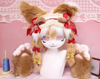 Kigurumi Bunny Fursuit Head Paws Brown White Rabbit Mask Handmade Cosplay Costume Furry Partial Suit Custom Kawaii Animal Kig Fursona Kit