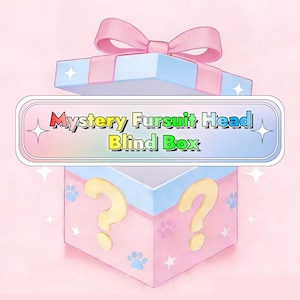Puede incluir: Una caja de regalo rosa y azul con un lazo rosa. La caja tiene huellas de patas y signos de interrogación. El texto en la caja dice "Mystery Fursuit Head Blind Box".