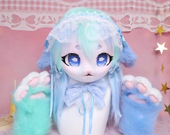 Kigurumi KIG Style Cute Lamb Fursuit Head Mint Green Blue Faux Fur No Helmet Head Soft Pastel Look With Blue Cartoon Eyes