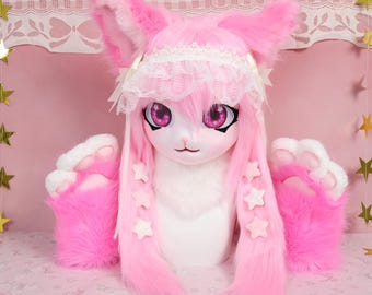 Kigurumi - Cabeza de disfraz de gato rosa esponjoso con pinzas para el pelo de estrella de piel de zorro sintética suave, diadema de cinta de encaje y bonitos guantes rosas con forma de pata, regalo de cosplay