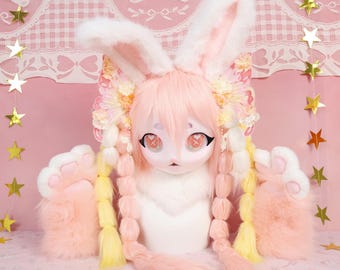 Kigurumi Pastel Blossom Bunny Fursuit Head and Paws Pink White Yellow Fur Heart X Eyes Braided Hair Butterfly Clips Charm Cosplay Gift