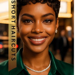 Puede incluir: Una mujer sonríe con el pelo corto, oscuro y rizado, lleva una camisa verde y un collar plateado. La imagen tiene el texto "SHORT HAIRCUTS" en una pancarta vertical en el lado izquierdo.