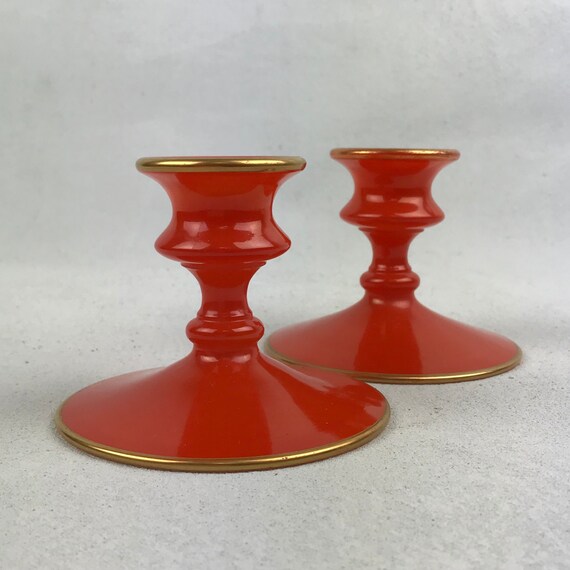Vintage 1940s Orange Glass Candle Holder with Gold Detail 40s Etsy