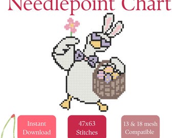Easter Egg Hunt Goose Needlepoint Stitch Chart | Beginner Needlepoint PDF Pattern