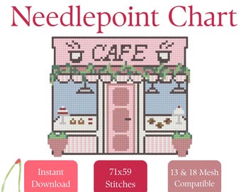 Cafe Needlepoint Village Stitch Chart | Beginner Needlepoint Pattern PDF Download Digital Design