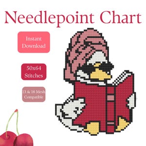 May include: Needlepoint Chart with a pixelated duck wearing sunglasses and a pink headscarf, reading a red book. The chart includes the text "Instant Download", "50x64 Stitches", and "13 & 18 Mesh Compatible".