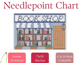 Book Shop Needlepoint Village Stitch Chart | Beginner Needlepoint Pattern PDF Download Digital Design