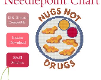 Nugs Not Drugs Funny Chicken Nuggets Needlepoint Stitch Chart | Beginner Digital Pattern PDF Download