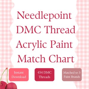 May include: A digital chart with the text "Needlepoint DMC Thread Acrylic Paint Match Chart" in a burgundy font. The chart includes the text "Instant Download", "454 DMC Threads", and "Matched to 3 Paint Brands". The background is a pink gingham pattern.