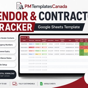 Puede incluir: Una plantilla de Google Sheets para el seguimiento de proveedores y contratistas de PMTemplatesCanada. La interfaz muestra una lista de proveedores con columnas para tipo de servicio, estado, contactos, vencimiento de seguros y notas, con códigos de color.