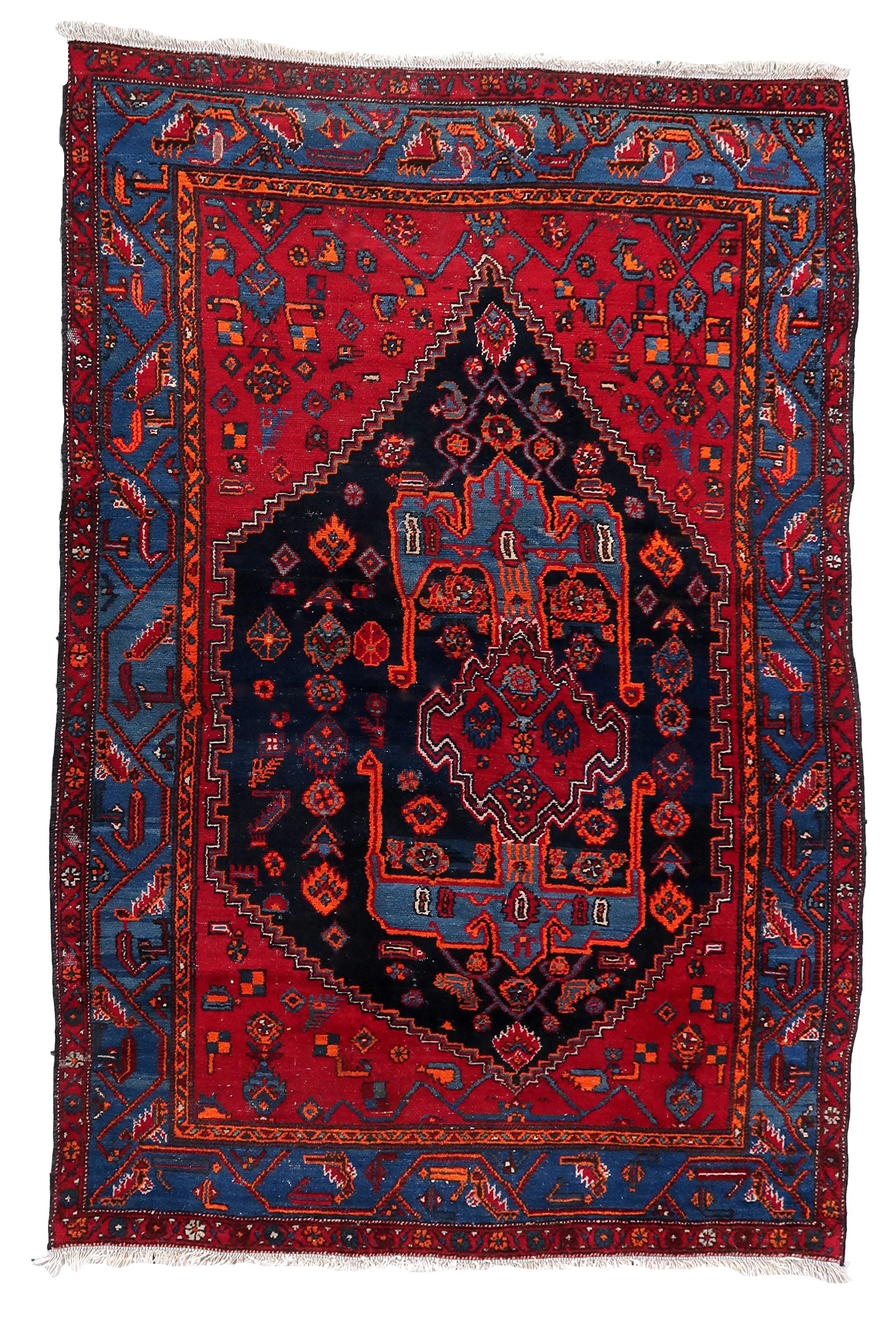 Tapis Vintage En Laine Noué À La Main, Médaillon Asymétrique Des Années 1950, Rouge Bleu Orange