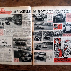 May include: Vintage magazine spread featuring black and white images of race cars and racing events. The pages have French text and illustrations, with red accents. The headline reads "LES VOITURES DE SPORT".