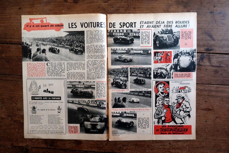 May include: Vintage magazine spread featuring black and white images of race cars and racing events. The pages have French text and illustrations, with red accents. The headline reads "LES VOITURES DE SPORT".