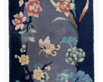 Antiker Chinesischer Art Deco Teppich 6x10 | 1920er Jahre Woll Akzent Matte | Nachtblau, Rot & Gelb