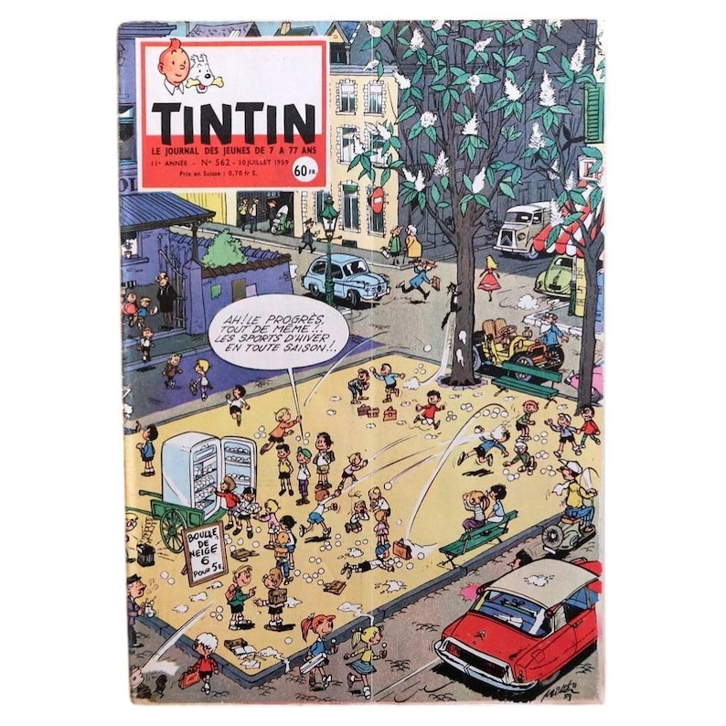 Puede incluir: Una portada de c&oacute;mic vintage con Tint&iacute;n, con una ilustraci&oacute;n de una escena callejera de ni&ntilde;os jugando en la nieve. La portada tiene el t&iacute;tulo "TINTIN" y texto en franc&eacute;s. El c&oacute;mic es un art&iacute;culo de colecci&oacute;n.