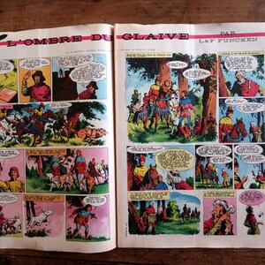 May include: An open comic book page titled L'OMBRE DU GLAIVE by L&F Funcken, featuring multiple colorful panels with illustrations of medieval characters, horses, and dogs in a forest setting, with French text bubbles throughout the pages.