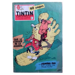 May include: A vintage Tintin comic book cover featuring a large yellow footprint graphic on a green background. The cover displays the title Tintin, the text 40 pages, Sur le sentier de la guerre, and Oumpah-pah suit la piste des pieds-plats.