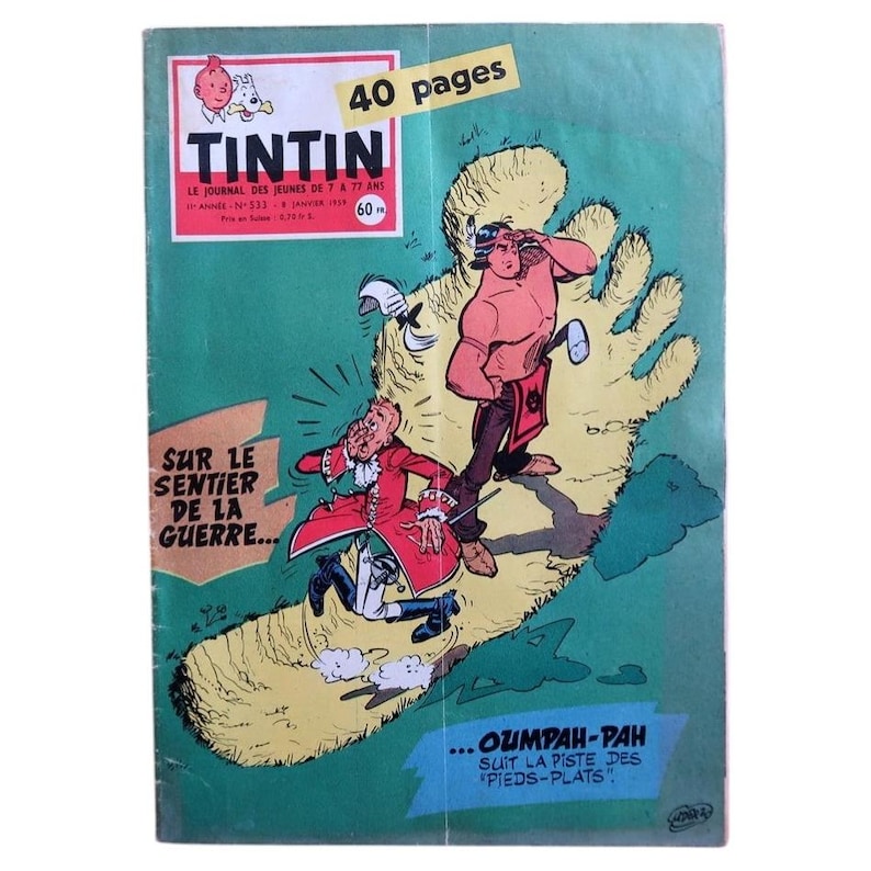 May include: A vintage Tintin comic book cover featuring a large yellow footprint graphic on a green background. The cover displays the title Tintin, the text 40 pages, Sur le sentier de la guerre, and Oumpah-pah suit la piste des pieds-plats.