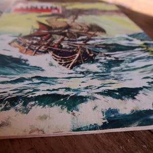 May include: A vintage illustration of a tall ship sailing through turbulent ocean waves. The artwork features a detailed depiction of the ship with its sails billowing, set against a backdrop of churning turquoise water and a yellow sky.