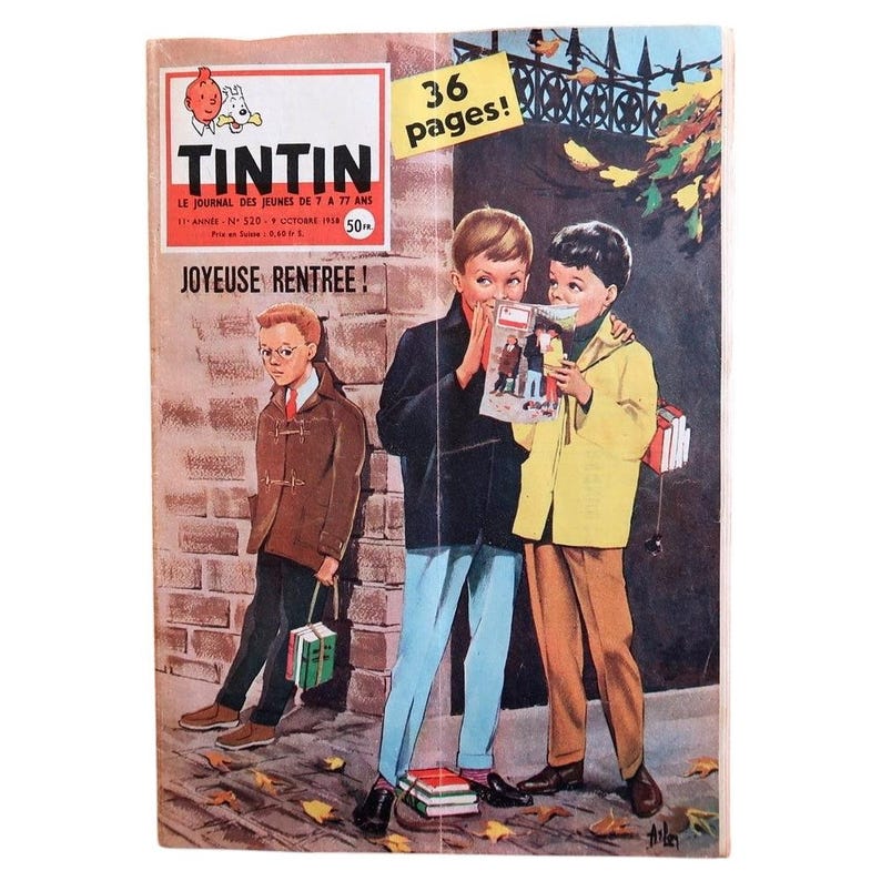 Peut inclure: Une couverture de magazine de bande dessin&eacute;e Tintin d'octobre 1958 montrant trois enfants en tenue d'automne. La couverture affiche le titre Tintin, le texte Joyeuse Rentr&eacute;e et un graphique en &eacute;toile jaune indiquant 36 pages. L'illustration montre des enfants avec des livres devant un mur de briques.
