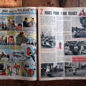 May include: Open vintage comic book pages with colorful illustrations. One page features a comic strip titled "JARI dans la TOURMENTE." The other page has images of scooters and the text "2 ROUES POUR 1000 USAGES."