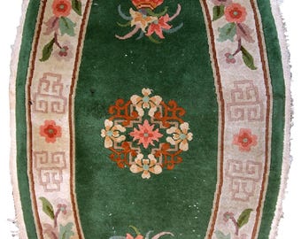 Antique Handmade Chinese Art Deco Rug 2.6' x 5.2' | Deep Green Wool