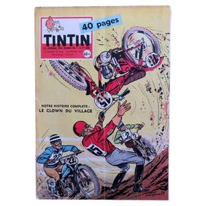 May include: Vintage Tintin comic book cover featuring motorcycle racers in action. The cover has a yellow background with the title "TINTIN" and the text "40 pages". The comic book cover has illustrations of racers in red and blue outfits.