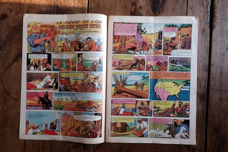 May include: Open comic book pages featuring colorful illustrations. The title "LA FIEVRE DE L'OR JOHANN AUGUST SUTER" is visible. Panels depict scenes with figures in period clothing, landscapes, and text bubbles, creating a vintage comic book aesthetic.