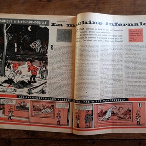 May include: Open vintage book pages with French text and illustrations. The left page features a comic strip with the title "PANIQUE A RIVES-SUR-DOUILLE". The right page has the title "La machine infernale".