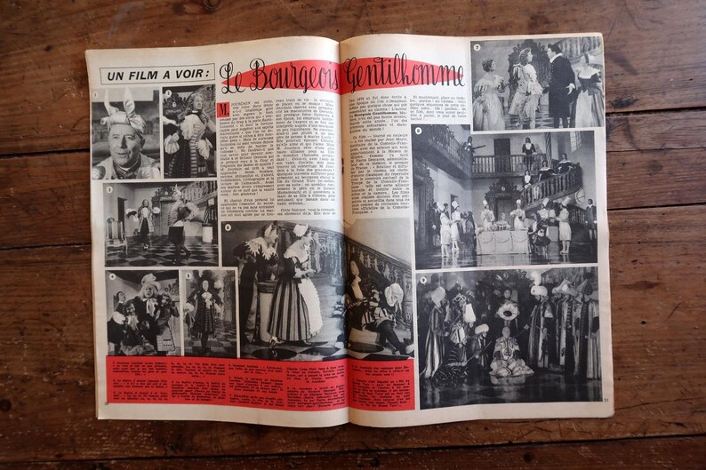 May include: A vintage magazine spread featuring black and white photographs from the film Le Bourgeois Gentilhomme. The pages contain columns of French text, numbered image captions, and a prominent red header title. The paper is aged and off-white.
