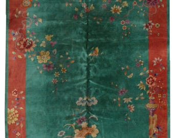 Antique Art Deco Chinese Rug 9x12 | 1920s Green and Orange Wool Rug