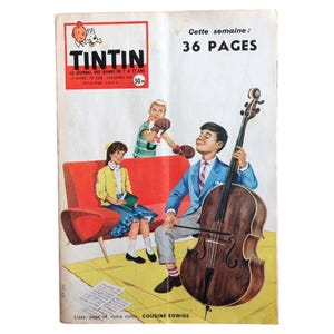 May include: Vintage Tintin comic book cover featuring illustrations of children. The cover has the text "Tintin" and "36 PAGES". The artwork depicts a boy playing a cello, a girl reading, and another boy with boxing gloves.