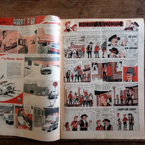 May include: A vintage comic book spread featuring two distinct stories. The left page is titled Agent P.60 and depicts car racing scenes. The right page is titled Sherif a Vendre and shows a western-themed narrative with multiple panels and dialogue bubbles.