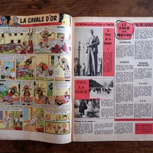 May include: Open vintage comic book pages with colorful illustrations and text. The left page features a comic strip titled "LA CAVALE D'OR." The right page has news articles with the headline "LE TOUR DU MONDE" and the text "VIVE LA NEIGE!"
