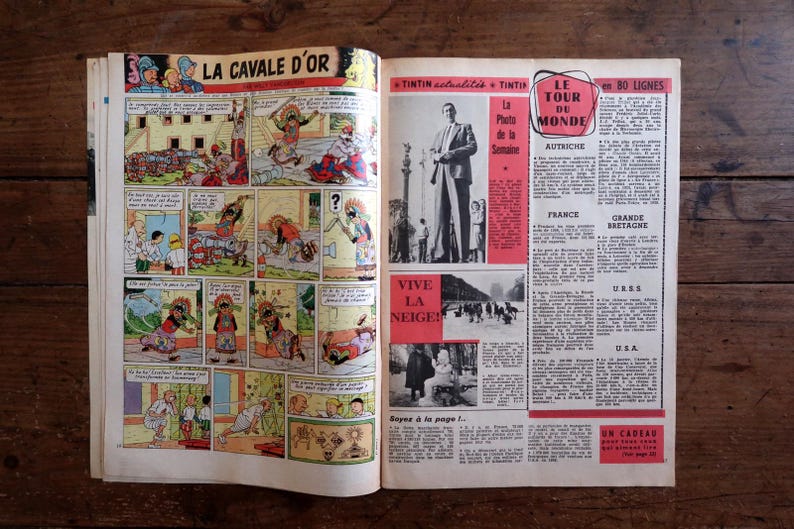 May include: Open vintage comic book pages with colorful illustrations and text. The left page features a comic strip titled "LA CAVALE D'OR." The right page has news articles with the headline "LE TOUR DU MONDE" and the text "VIVE LA NEIGE!"