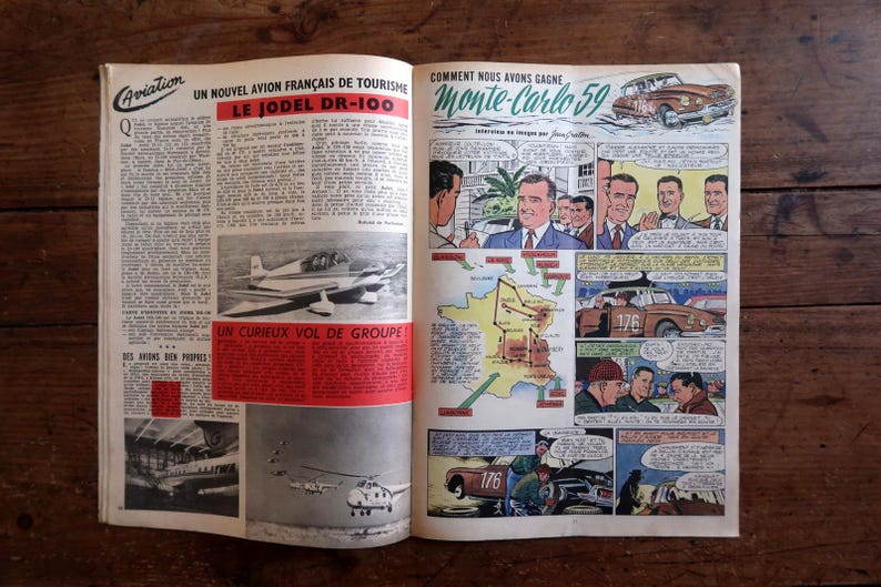 May include: Open magazine pages with vintage aviation and automotive illustrations. One page features a plane and the text "LE JODEL DR-100". The other page shows a car and the text "Monte-Carlo 59".