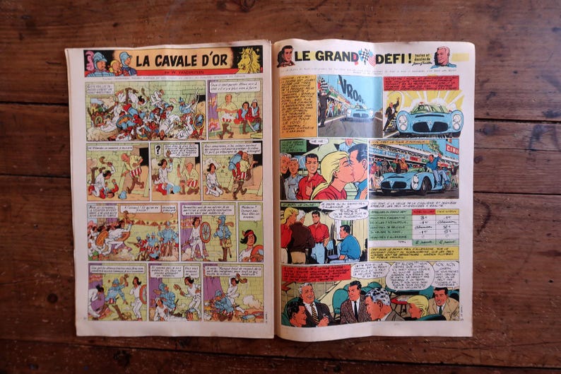 May include: A vintage comic book spread featuring two distinct stories. The left page is titled LA CAVALE D'OR and depicts historical scenes with knights. The right page is titled LE GRAND D&Eacute;FI and shows modern race car scenes and characters.