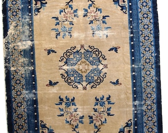 Antique Peking Chinese Rug 4x6 | 1880s Distressed Wool Area Rug | Beige & Blue Traditional Design
