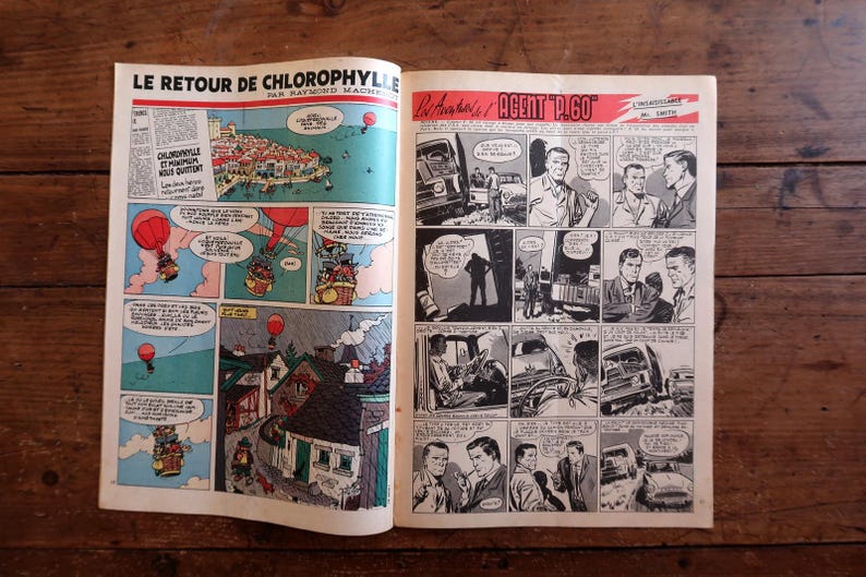 May include: Open vintage comic book pages featuring colorful panels. One page displays a comic strip titled "LE RETOUR DE CHLOROPHYLLE" with illustrations of hot air balloons. The other page shows "AGENT P.60" panels.