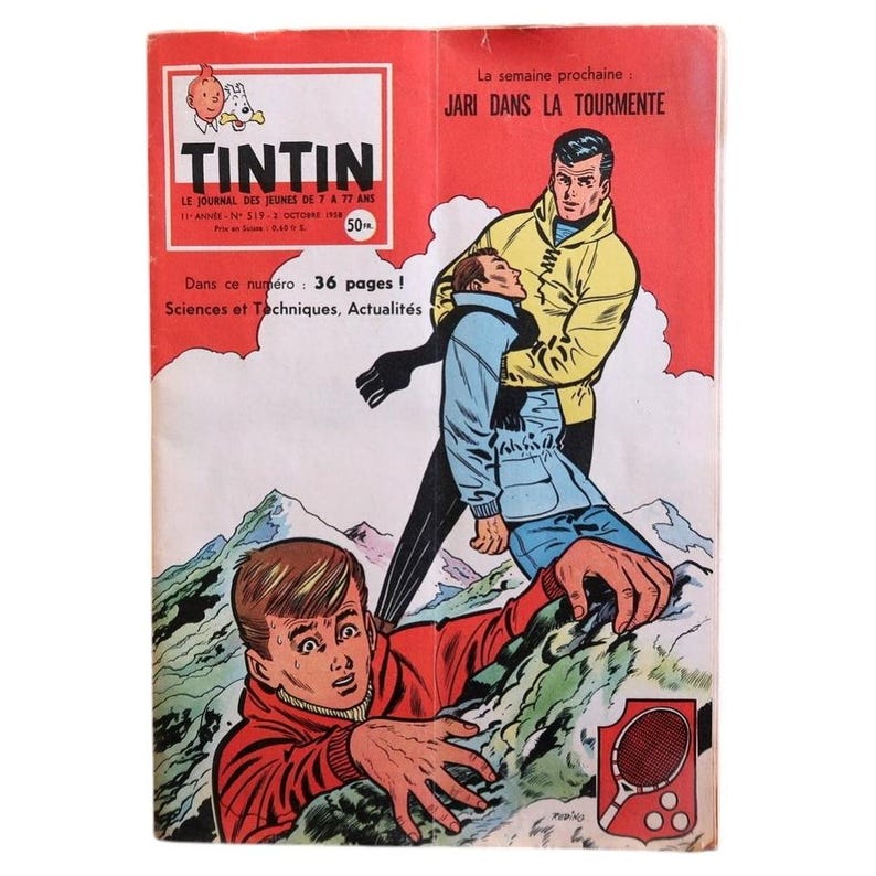 May include: A vintage Tintin comic book cover, predominantly red, with the title "TINTIN" and issue details. The artwork depicts a dramatic scene of two men in a snowy mountain setting. Features a tennis racket illustration. The comic is in French.