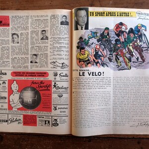 May include: A vintage magazine spread featuring a black and white portrait of Camille Fichifet, a colorful illustration of cyclists in a race, and a red advertisement for a soccer ball with the text Mon Courrier and Le Velo printed on the pages.