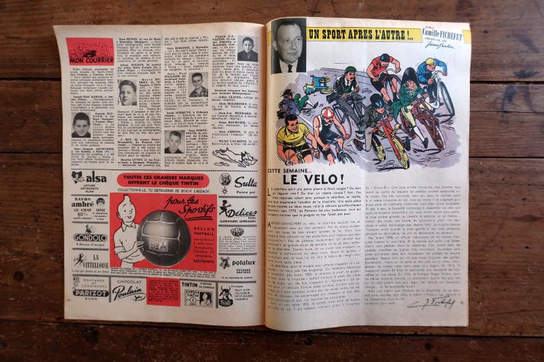 May include: A vintage magazine spread featuring a black and white portrait of Camille Fichifet, a colorful illustration of cyclists in a race, and a red advertisement for a soccer ball with the text Mon Courrier and Le Velo printed on the pages.