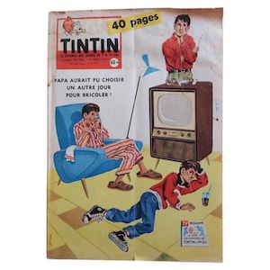 May include: A vintage Tintin magazine cover from March 19, 1959, featuring a cartoon illustration of a person in striped pajamas sitting in a blue armchair, another person lying on the floor, and a person standing on a brown television set.