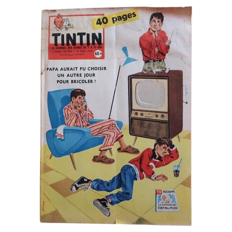 May include: A vintage Tintin magazine cover from March 19, 1959, featuring a cartoon illustration of a person in striped pajamas sitting in a blue armchair, another person lying on the floor, and a person standing on a brown television set.